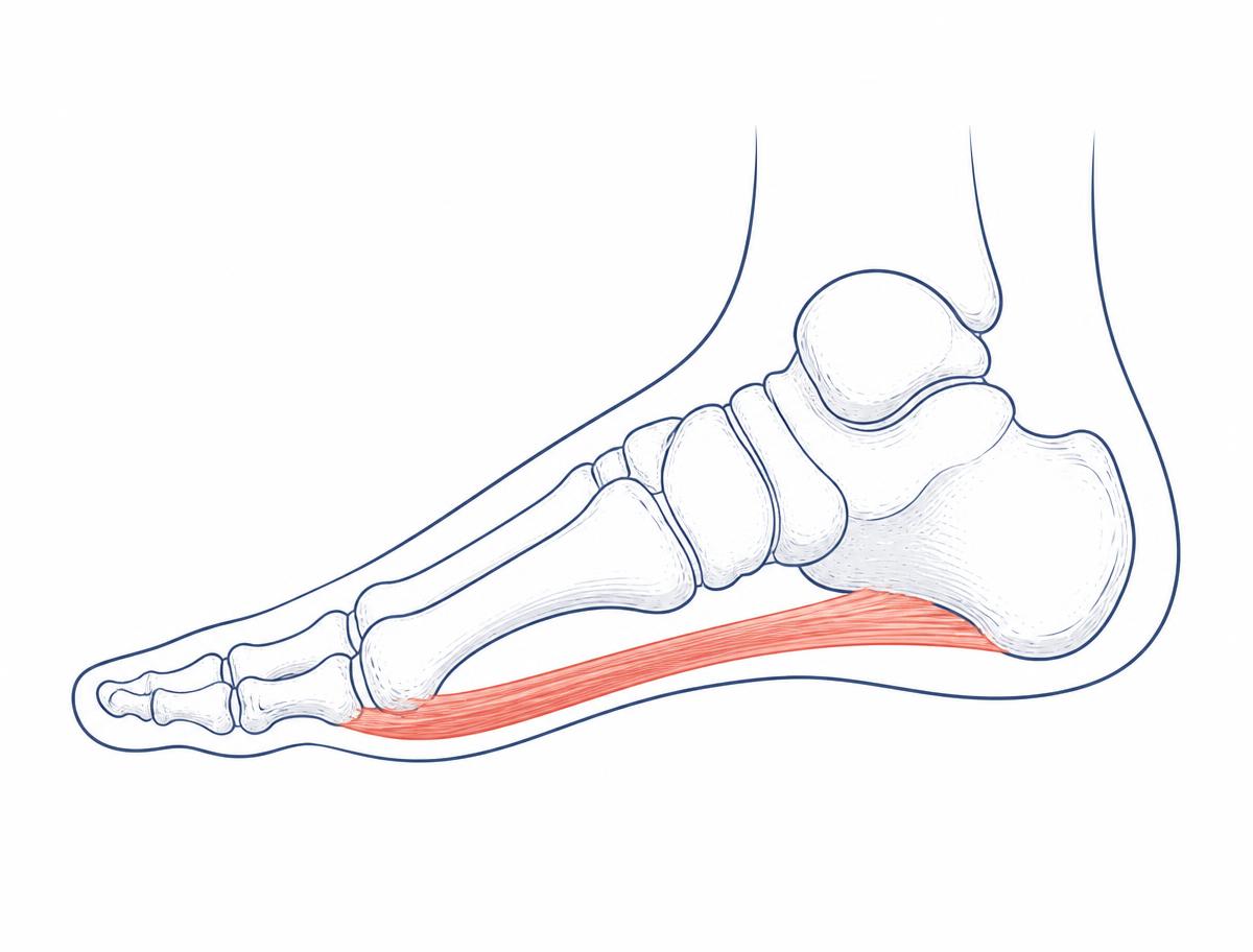 Ilustração anatômica do pé mostrando a fáscia plantar em destaque, do calcanhar até a base dos dedos